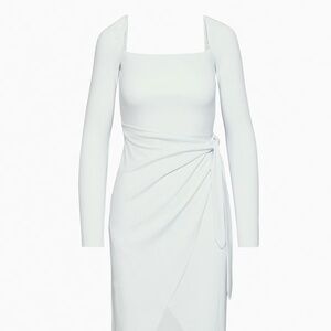 Aritzia Saturn Longsleeve Midi Dress in Frozen Grey; jersey wrap bluish; wrap